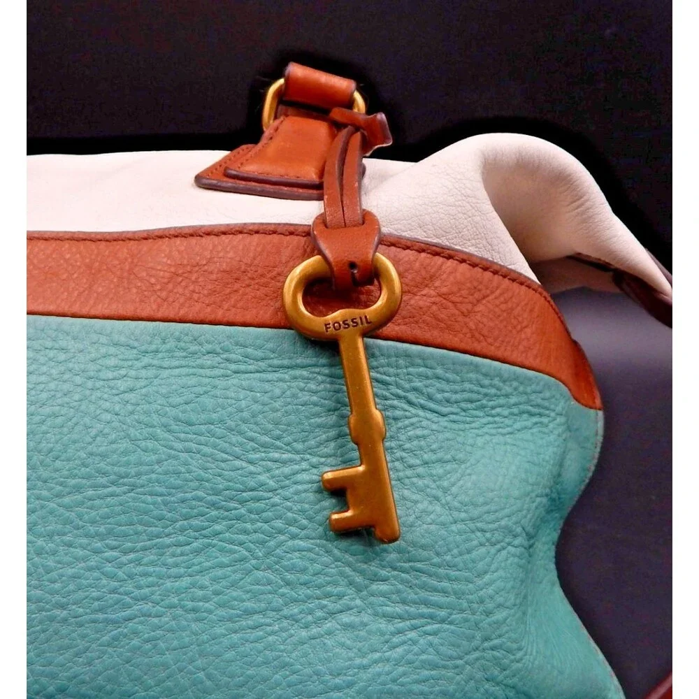 Fossil 1954 Julia Satchel Purse Multi Teal White Leather Handbag Brown Accent